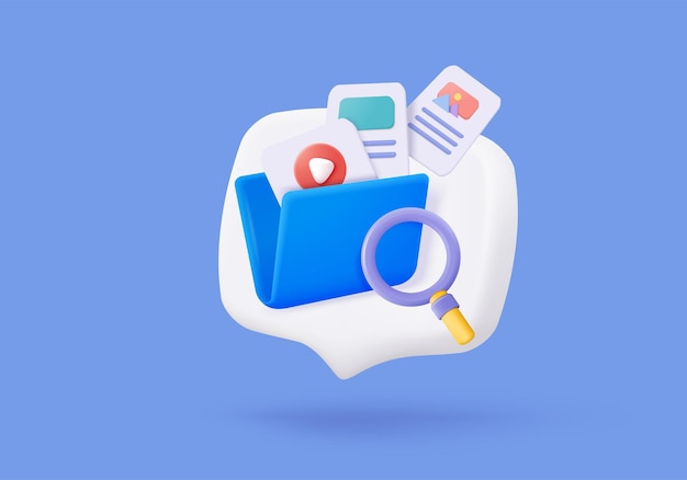 3d media file management concept Searching image and video files in database Document management soft document flow app compound docs concept 3d magnifying icon vector rendering illustration