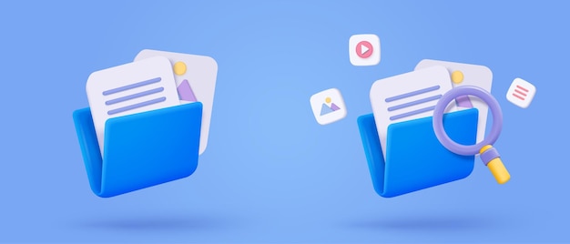 3d media file management icon Searching image and video in organization database paperwork sharing soft document flow app compound docs find concepts 3d magnifying icon vector render illustration