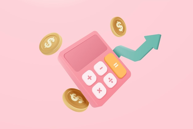 3d minimal lommeregner vektor gengivelse koncept for finansiel styring beregning af finansiel risiko planlægning lommeregner med møntstak og pilegraf med 3d vektor koncept på pastel baggrund