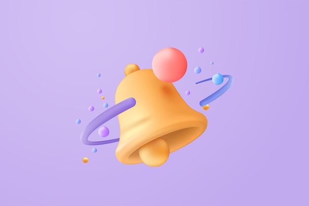 3d minimal notification bell icon with color objects floating around on pastel background new alert concept for social media element 3d bell alarm vector render isolated on purple pastel background