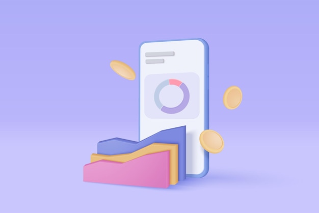 3D mobile phone funding business graph on creative solution Money coin growing business concept for finance investment notification online payment 3d trading vector icon illustration