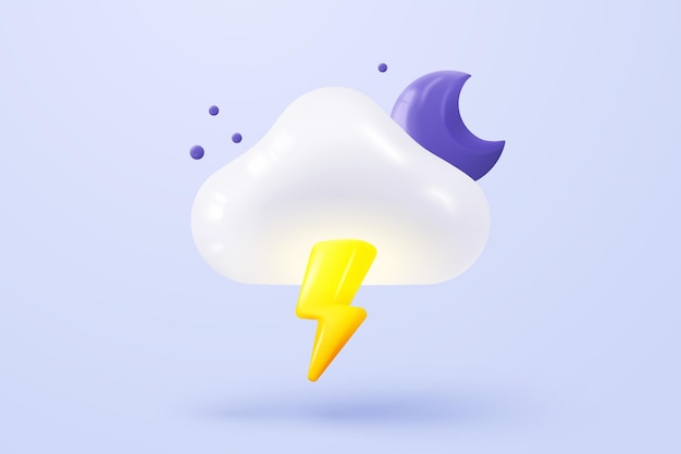 3d moon or crescent with cloud and thunderbolt or flash of lightning weather forecast rainy weather and storm glossy crescent with star 3d thunder with moon icon vector render illustration