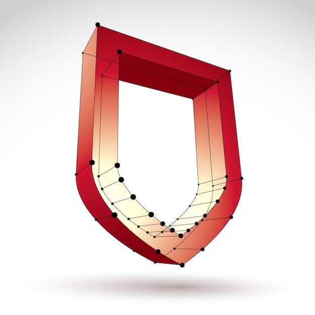 3D-nätverks-webbrött säkerhetsikon isolerad på vit bakgrund, färgglad gallersköldsymbol, dimensionellt teknikskyddsobjekt med svarta anslutna linjer, tydlig eps 8 vektorillustration, ljus persp