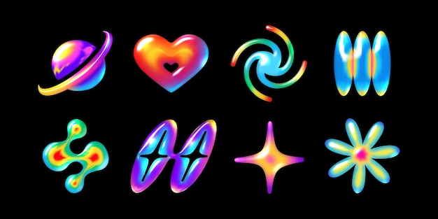 3D neon futuristic shapes planets hearts stars flower galaxy Vibrant Y2K vector design