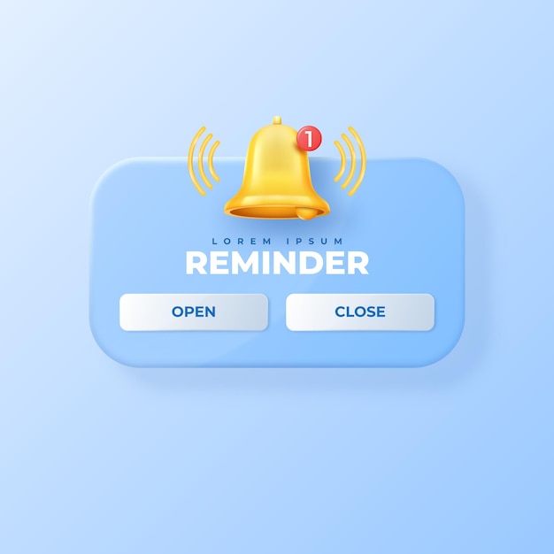 3D notification icon Notice alert Mobile message Calendar banner Date or time bell Website render interface element Reminder jingle Open or close buttons Vector design illustration