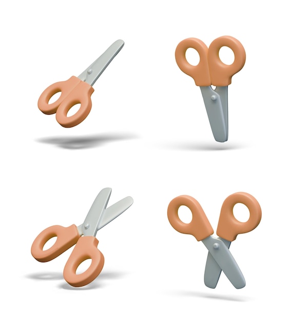 3D office scissors in open and closed position Set of vector objects at different angles