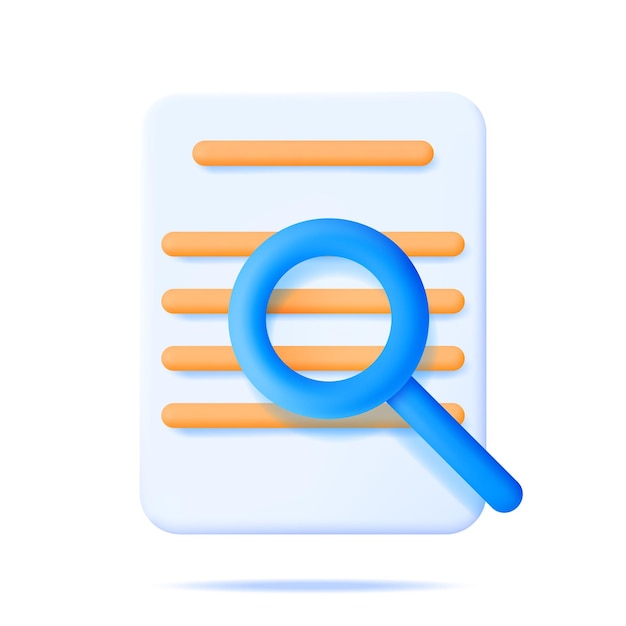3D Paper Document with Magnifying Glass Isolated