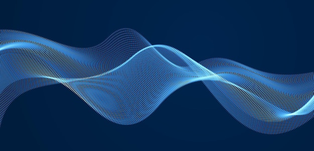 3d particles mesh array, sound wave flowing over dark. round shining points vector effect illustration. blended mesh, future technology relaxing wallpaper.