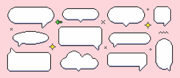 3D pixel art speech bubbles set Thumbs up arrow heart Mood of 90s aesthetics Y2k stickers