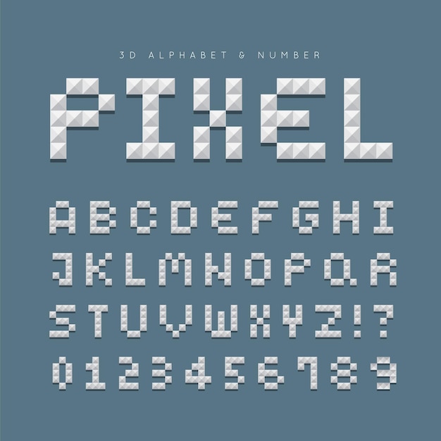 3d pixel font alphabet and number set white geometric typeface or typographic