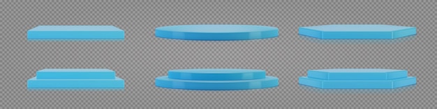 3D podiums set on transparent background. Empty blue plinth