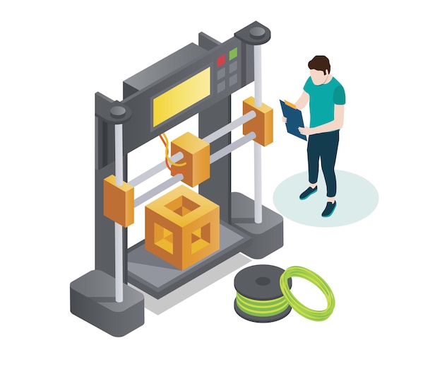 3D printer, vector isometric illustration. Additive manufacturing technology and prototype concept.