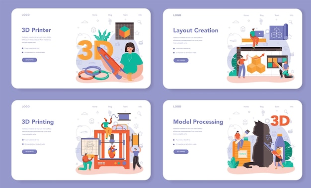 3d printer web banner or landing page set. digital designer drawing