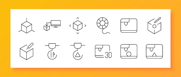 3D printing and modeling set icon Cube model computer setup printer filament software box 3D pen layer selection printer bed extruder nozzle design icons for 3D printing and digital modeling