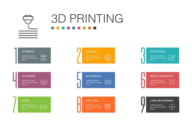 3d printing Infographic 10 option line concept.3d printer, filament, prototyping, model preparation simple icons