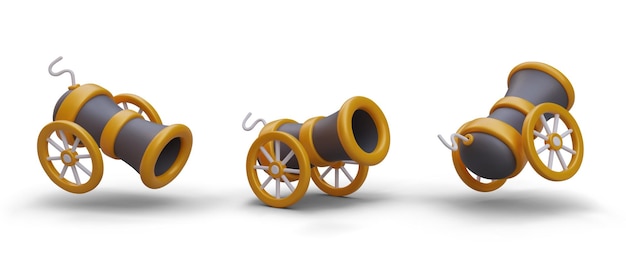 3d realistic cannon on wheels in different positions on white background Artillery concept