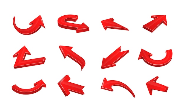 3d realistic red arrows pointing in various directions collection of curved straight zigzag web