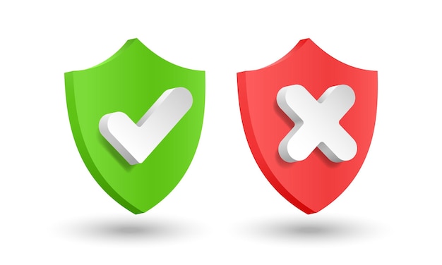 3d red and green shield checkmark and cross yes and no button approved and rejected