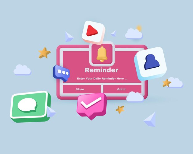 3d reminder illustration notifications page floating