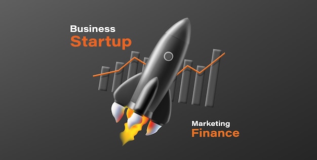 3d render illustration of start up rocket with bar chart on the background black volume composition banner
