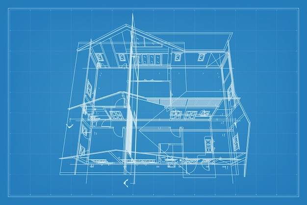 3D render of building wireframe structure Perspective wireframe of house
