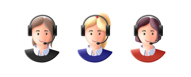 3d render style icons of call center support person with headset isolated people faces rounded soft shapes