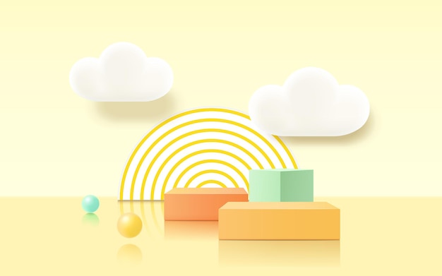 3d rendering podium, colorful pastel background, clouds and weather with empty space for kids or baby product