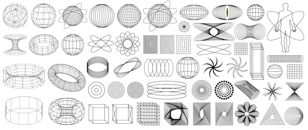 3d Retro futuristic shape Black trip elements ollection of strange wireframes vector geometric