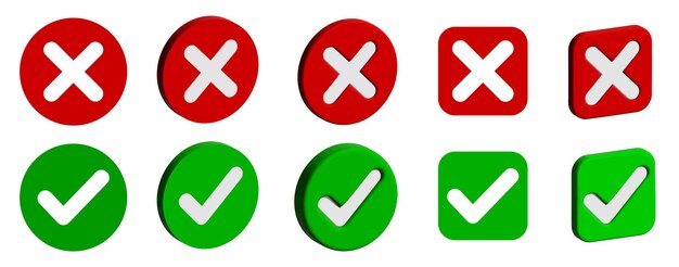 3D right and wrong buttons 3D Cross and check mark icons round buttons