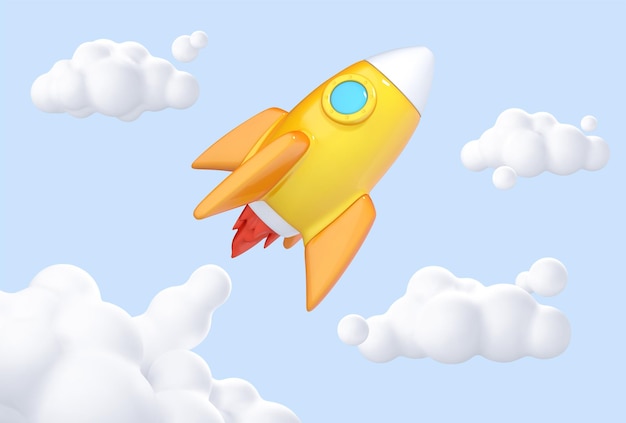 3d rocket taking off clouds and smoke from a rocket taking off business startup concept vector 3d illustration