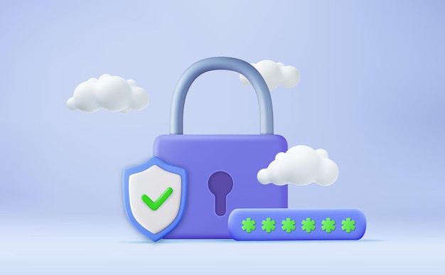 3d security shield lock check mark and cloud cyber protection 3d rendering password protected icon for mobile applications and website concept vector illustration