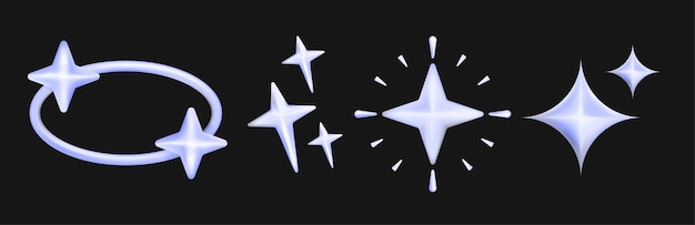 3d set Glowing blue chrome Sparkle stars icon Highquality star effects futuristic aesthetics
