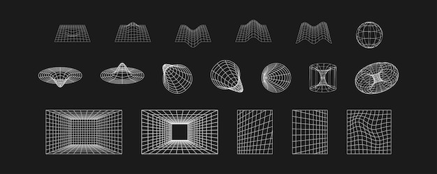 3d shape cyber geometric meshes set black and white retro futuristic background abstract vector illustration