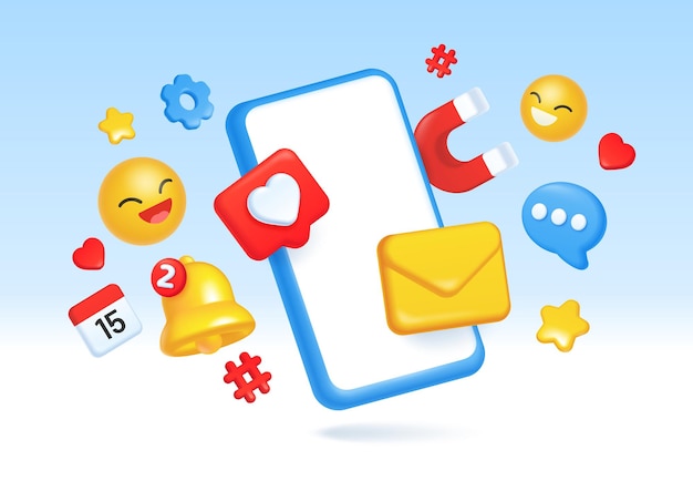 3d social media, digital marketing, online communication concept. social network, mobile advertising and targeting vector illustration. smartphone screen with emoji, bell for notification