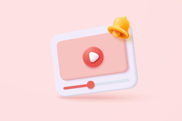 3d social media with live streaming and emotion on frame in pink background Social media online play video with bell alert notification concept 3d live entertainment icon vector render illustration