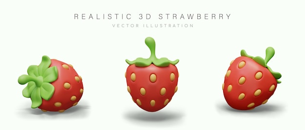 3d strawberry in cartoon style ripe red berry with green leaves and yellow seeds