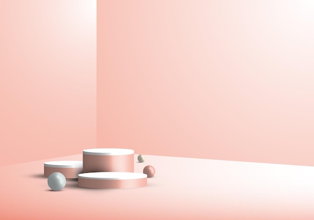 3d studio room showcase display geometric beige cylinder pedestal, round minimal pink scene background. you can use for cosmetic products, etc. vector illustration