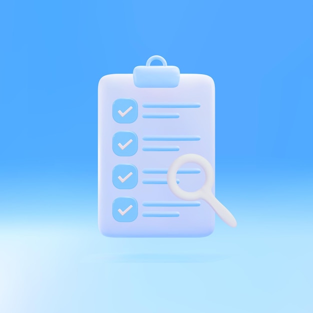 3d Successfully complete business assignments icon Magnifying glass with a checklist