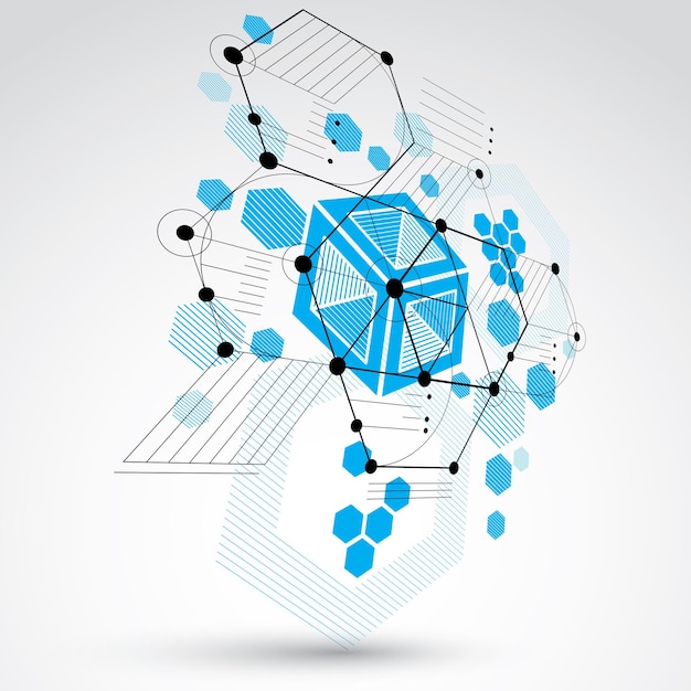 3d vector abstract background created in Bauhaus retro style. Modern geometric composition can be used as templates and layouts. Engineering technological blue wallpaper made with honeycombs.