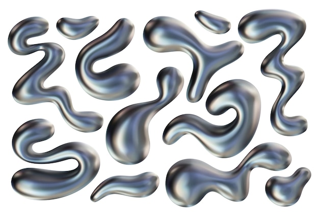 3d vector abstract blob shapes render 3d chrome liquid splash isolated