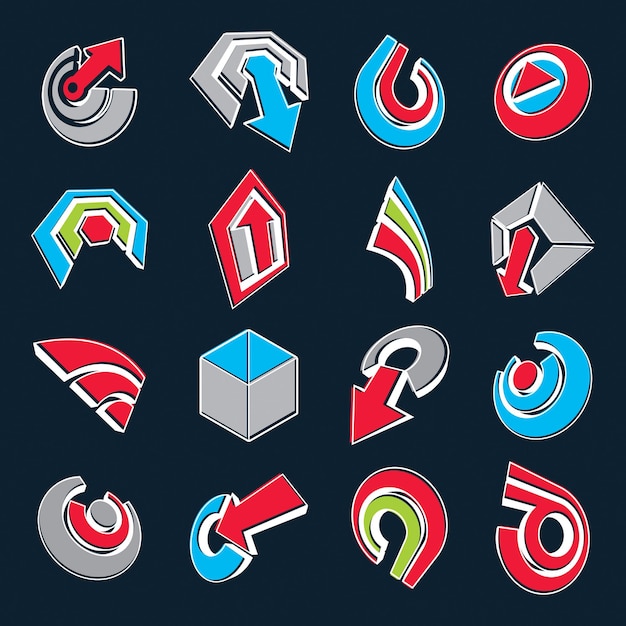3d vector abstract shapes, different business icons and design elements collection. Geometric abstract arrows for use as navigation pictograms and app buttons.