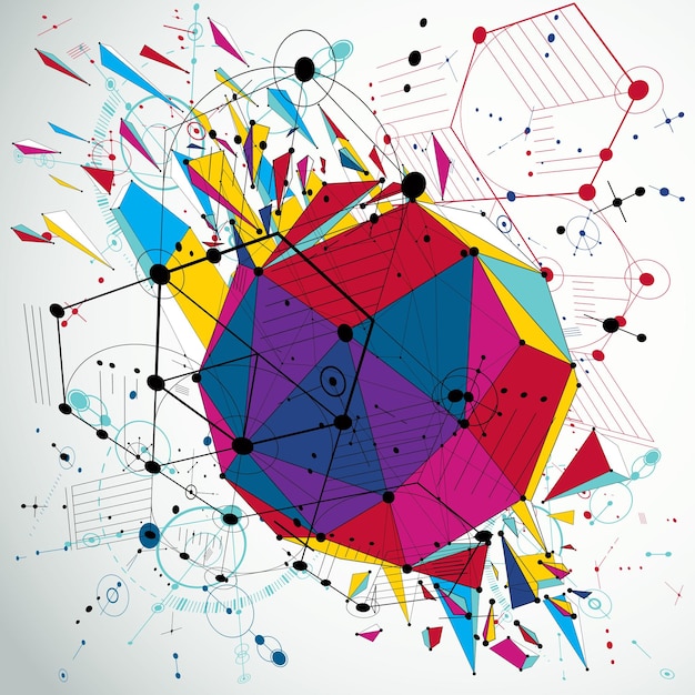3d vector Bauhaus abstract background made with grid and geometric elements, honeycombs and connected lines. Layout for business presentations and posters made with low poly wrecked objects.