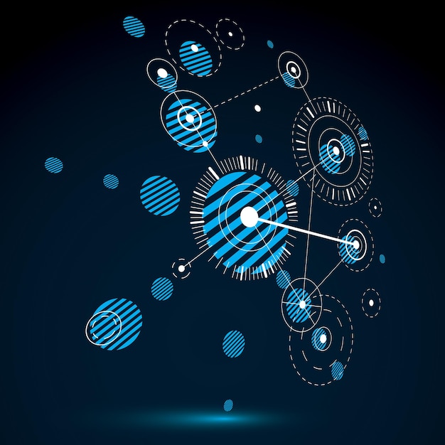 3d vector Bauhaus abstract background made with grid and overlapping simple geometric elements, circles and lines. Retro style artwork in blue color, graphic template for advertising poster.