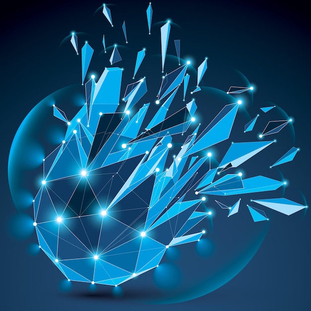 3d vector clear blue digital wireframe object broken into different particles, geometric polygonal structure with lines mesh and light effect. low poly shattered glow shape, sparkle lattice form.