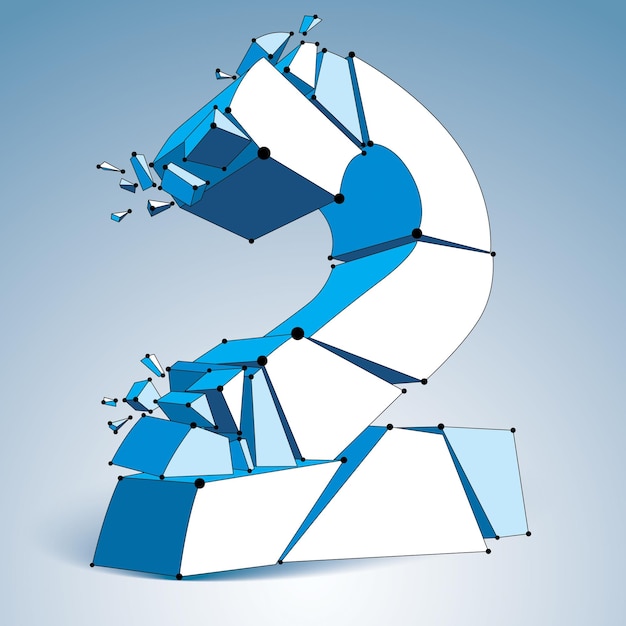 3d vector digital wireframe blue number 2 broken into different particles, geometric polygonal numeration with lines mesh. Low poly shattered typescript, lattice element.