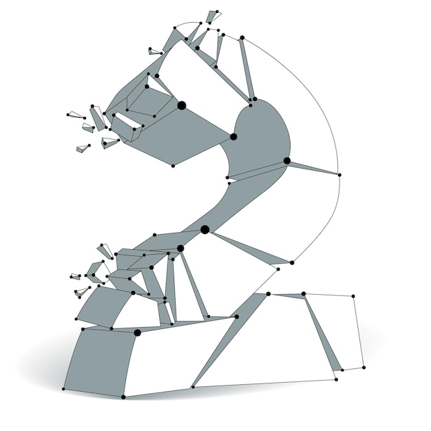 3d vector digital wireframe monochrome number 2 broken into different particles, geometric polygonal numeration with lines mesh. Low poly shattered typescript, lattice element.
