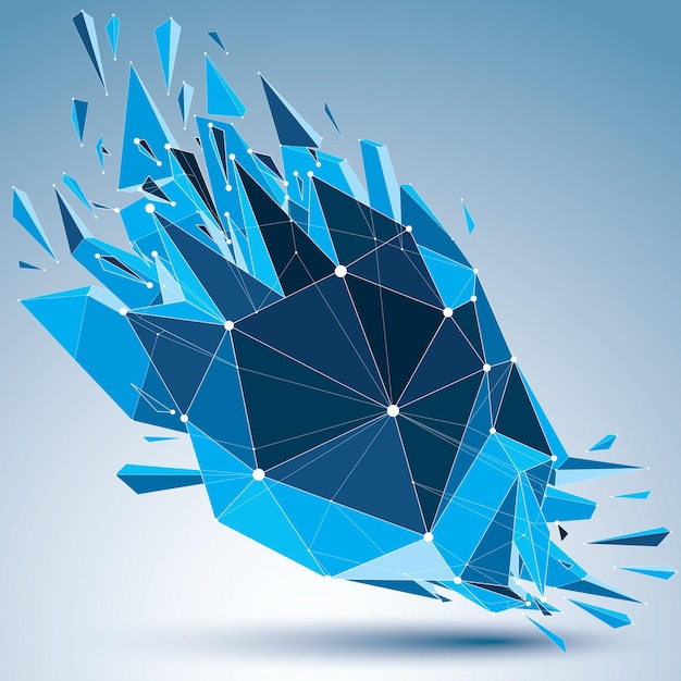 3d vector digital wireframe spherical object broken into different particles and fragments, geometric polygonal structure with white lines mesh. Low poly clear blue shattered shape, lattice form.