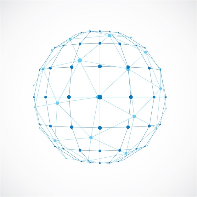 3d vector digital wireframe spherical object made using facets. Geometric polygonal blue ball created with lines mesh and triangles. Low poly shape, lattice form for use in web design.