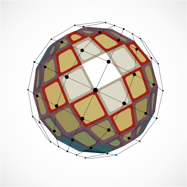 3d vector digital wireframe spherical object made using facets. Geometric polygonal colorful structure created with lines mesh and squares. Low poly shape, lattice form for use in web design.