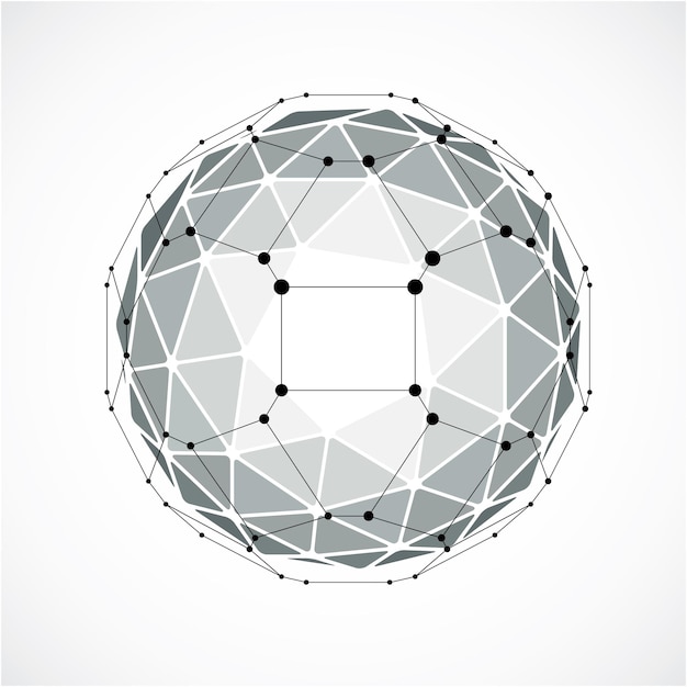 3d vector digital wireframe spherical object made using triangular facets. Geometric polygonal structure created with lines mesh. Low poly shape, gray lattice form for use in web design.